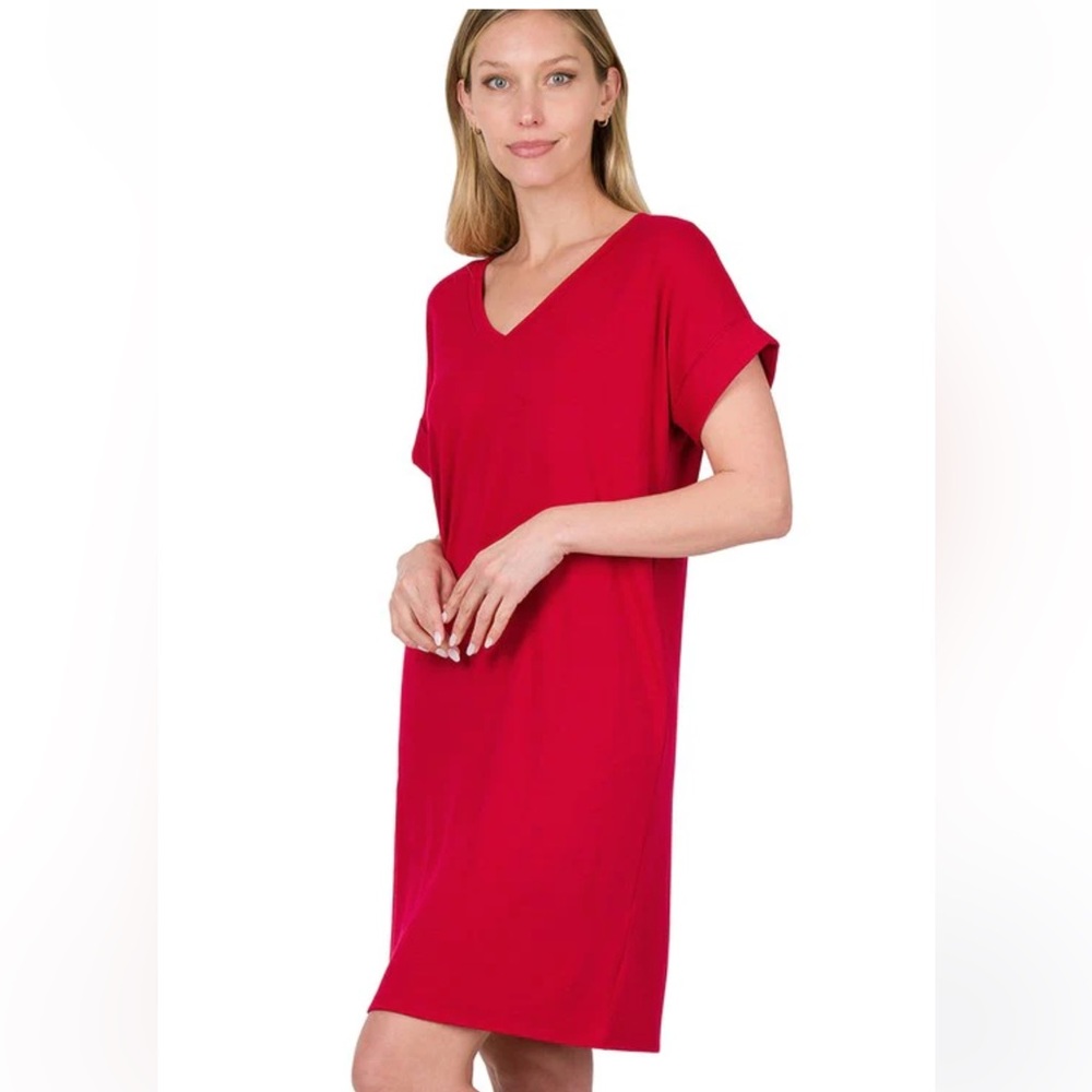 Zenana Rolled Short Sleeve V-Neck T-Shirt Dress - Ruby - L & XL